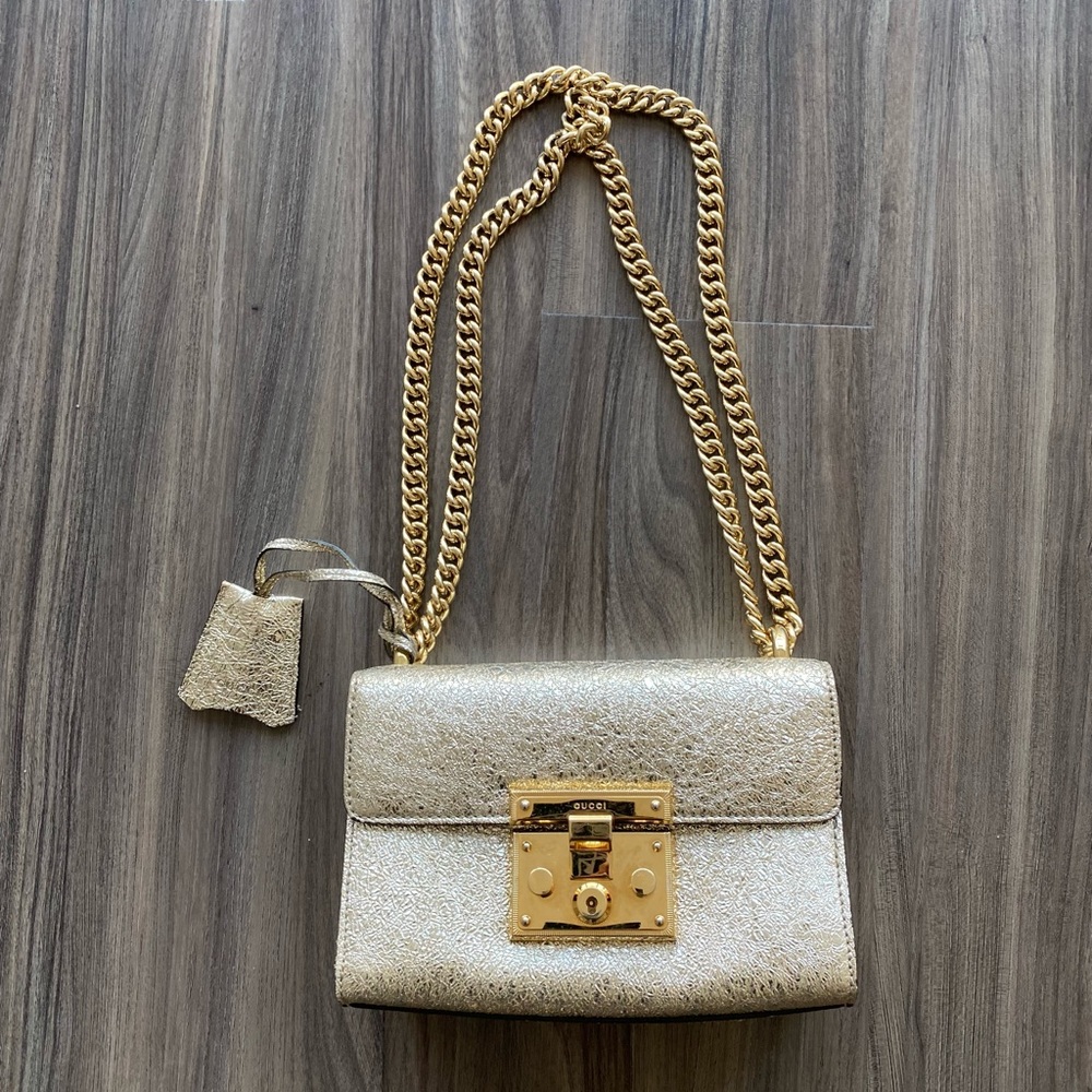 Gold Gucci Metallic textured small padlock shoulder bag BRAND NEW !!